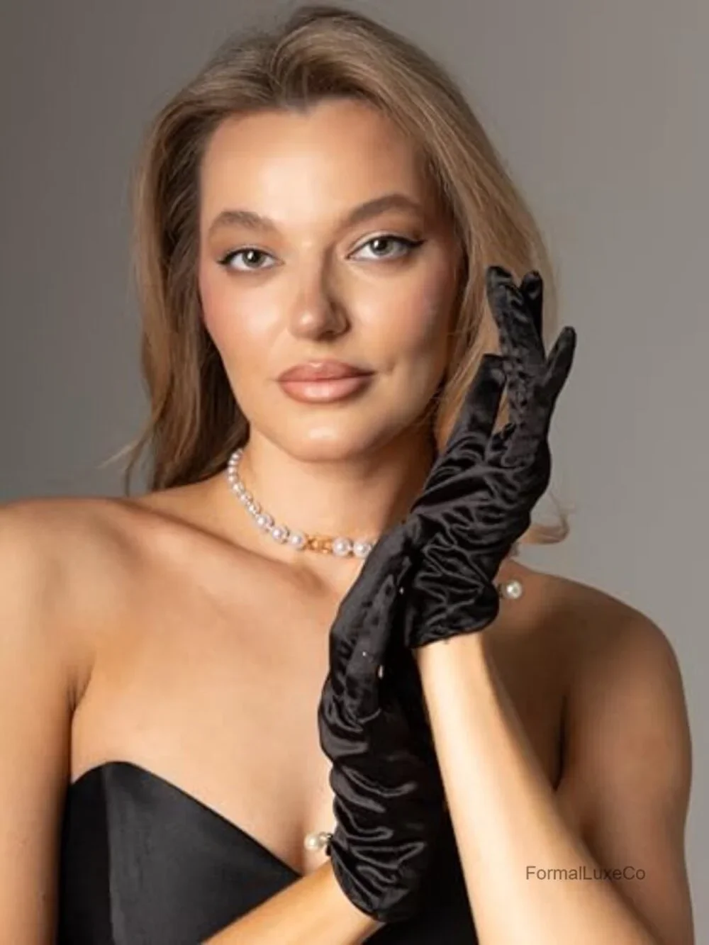 Elegant Stretch Satin Opera Gloves with Pearl Accent, Wrist Length Bridal Gloves